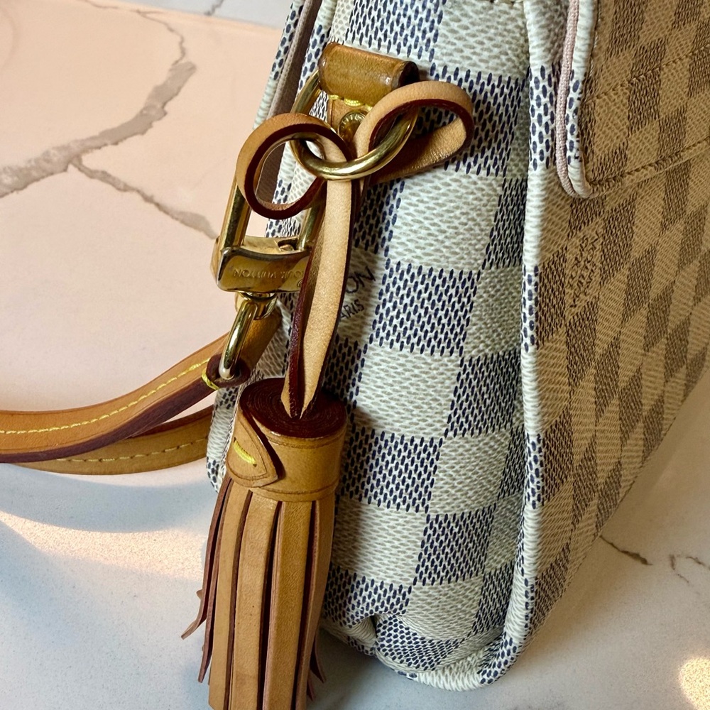 Top-Handle Checkerboard Satchel Bag in Beige and Tan - Picture 12 of 13